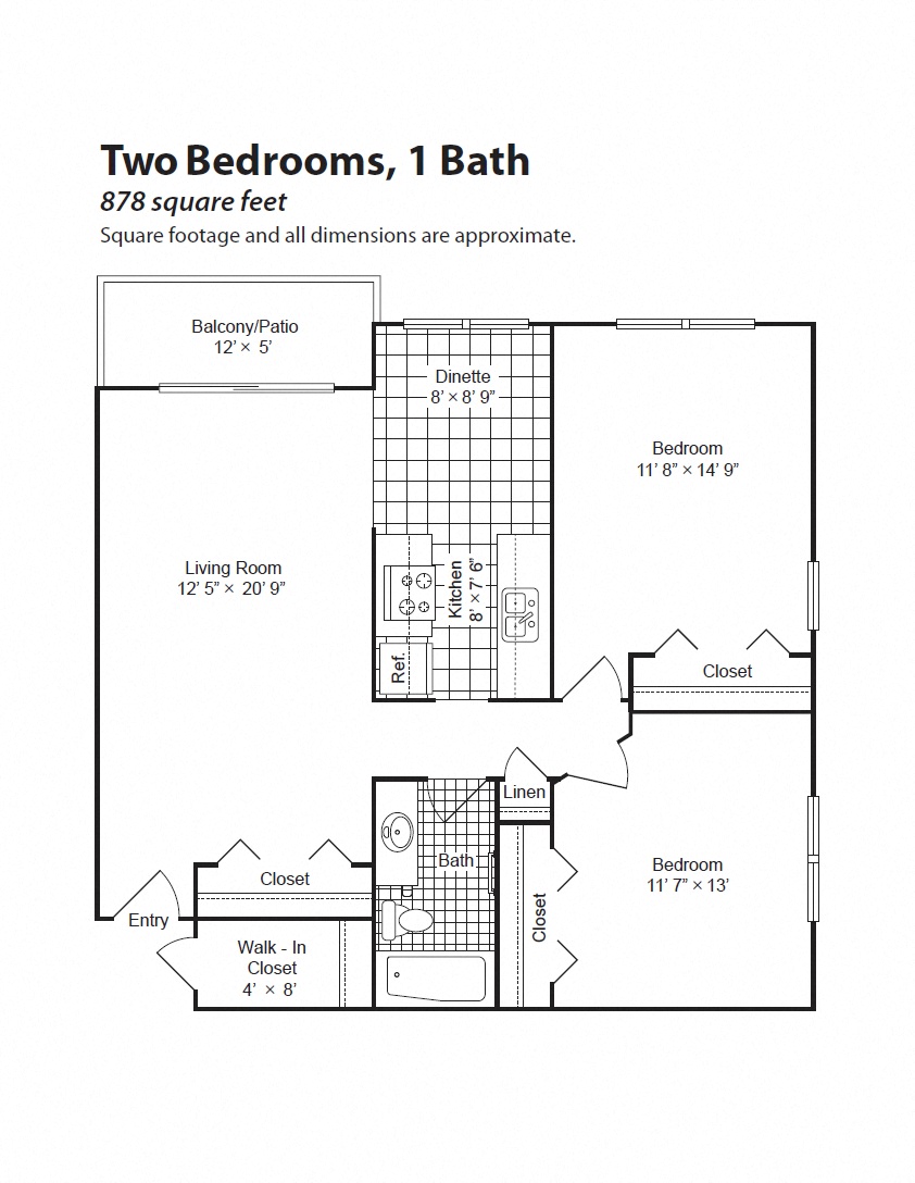 Floor plan for 2 beds, 1 bath, 878 sqft